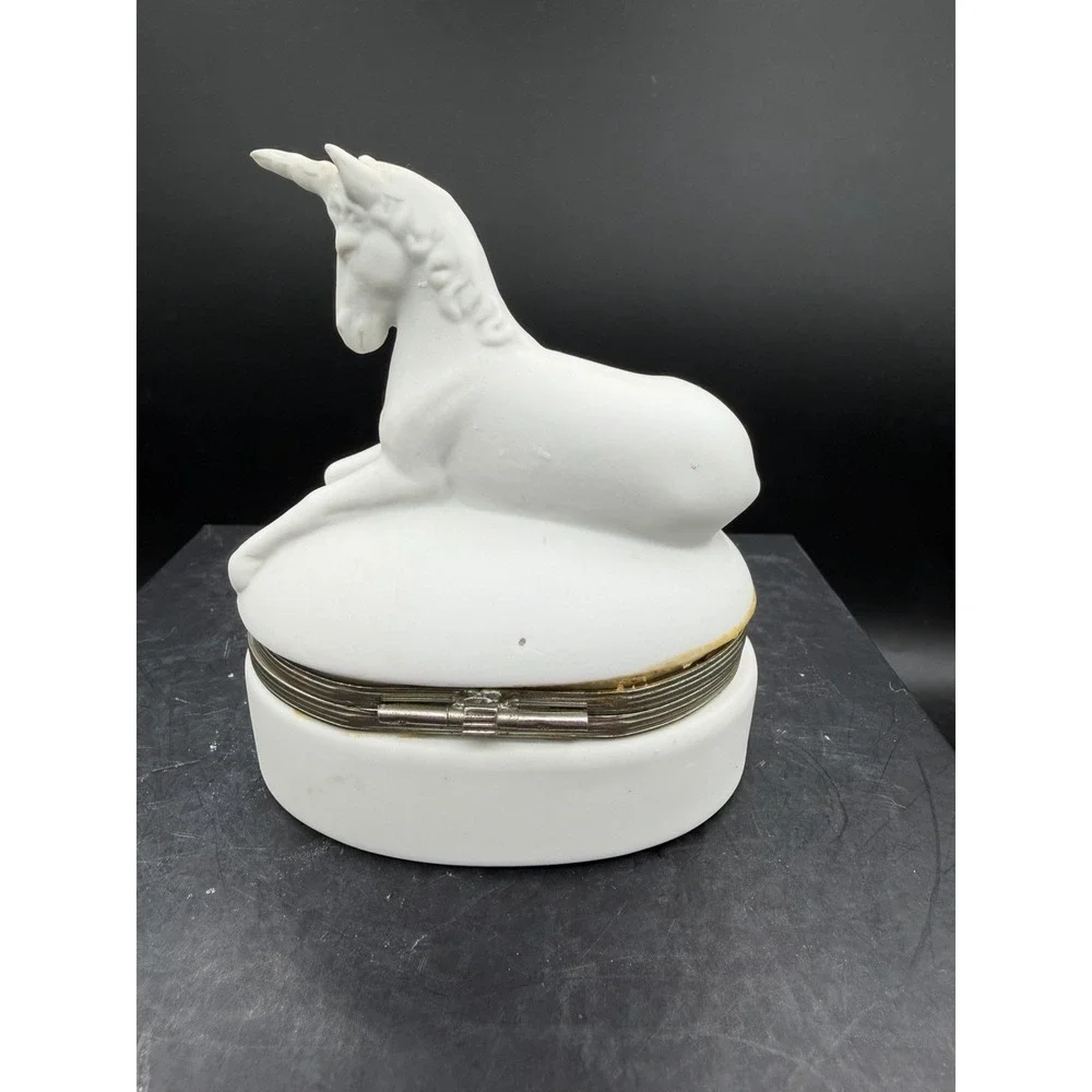 Vintage Mann Bisque Porcelain Unicorn Musical Trinket Box 🦄🎶 Plays 